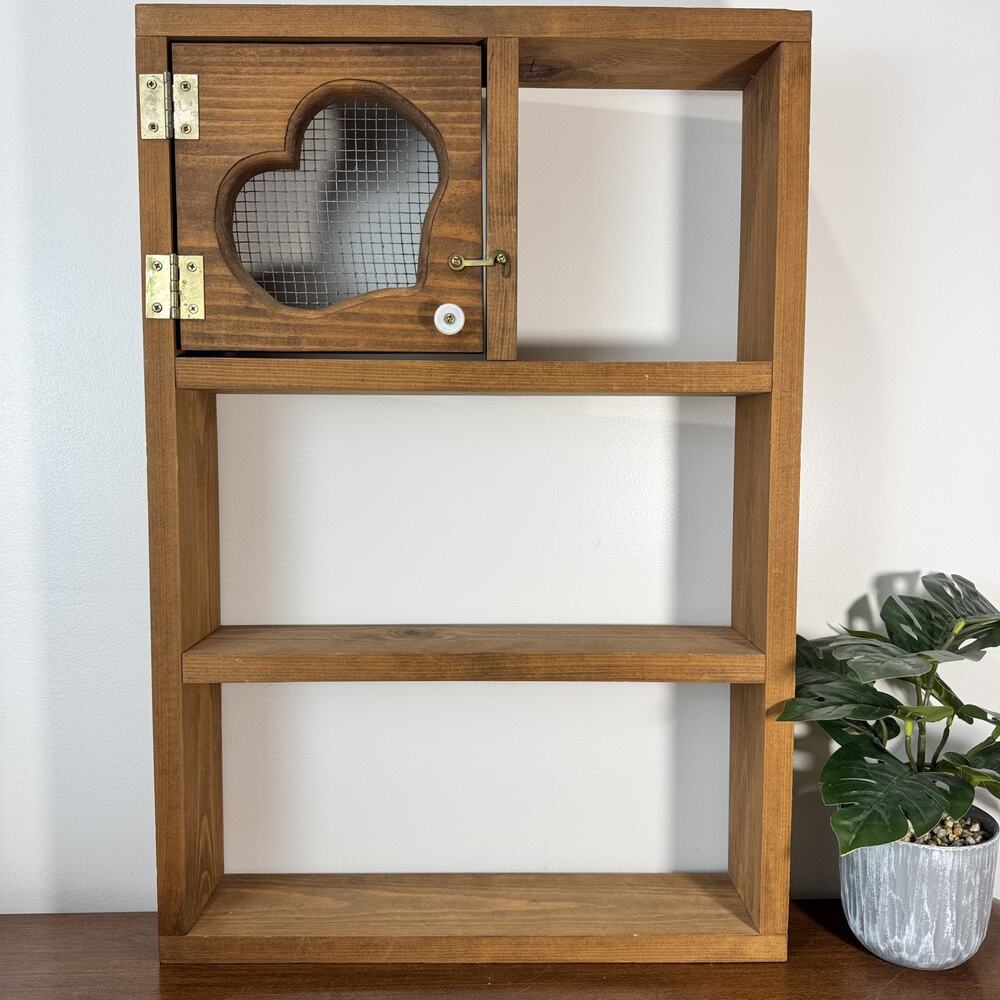 Rustic Wood Wall Shelf with Heart Door & Mesh Trinkets CottageCore